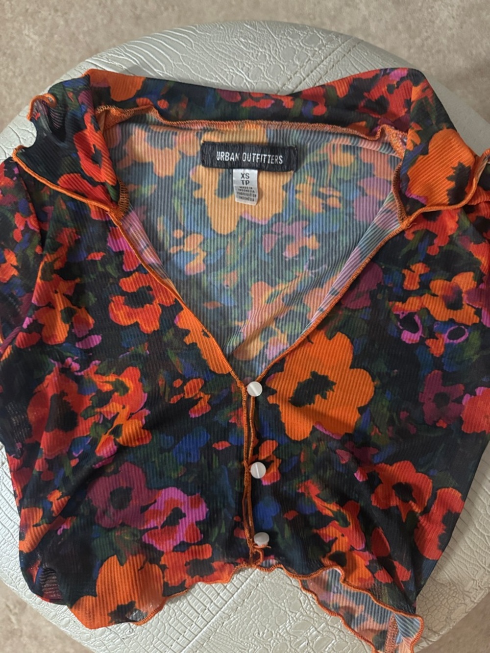 Urban Outfitters Black Mesh Button-Front Shirt with Orange & Purple Floral Print